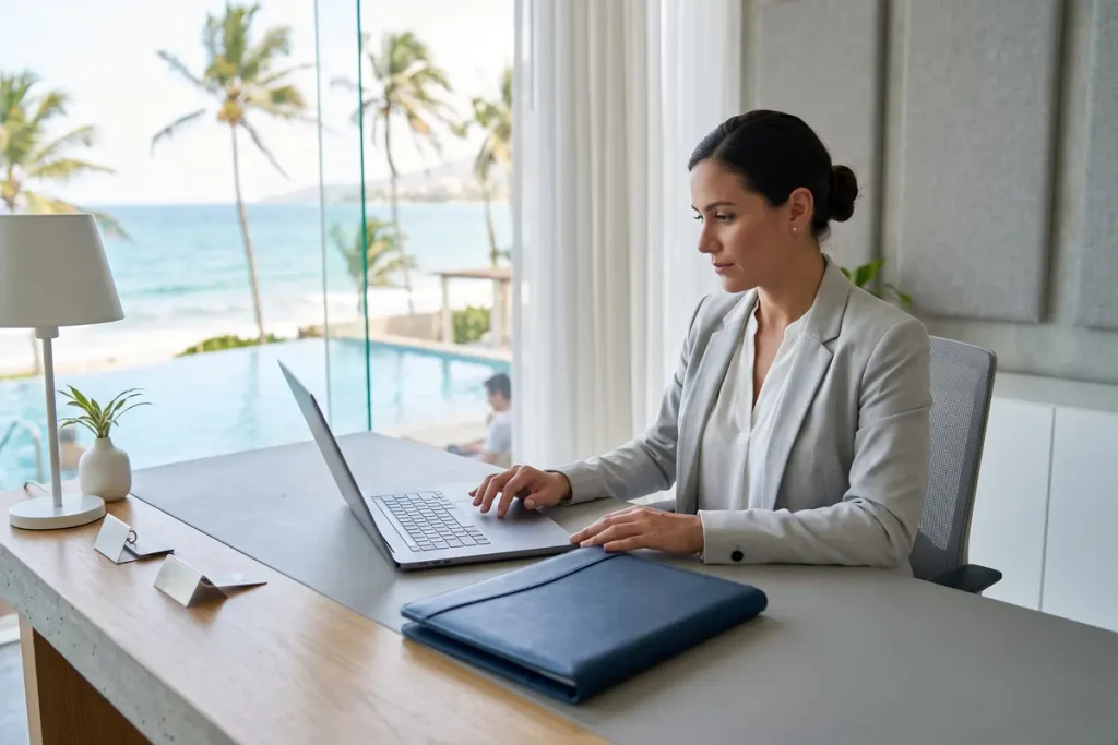 Administradora turística trabajando en una laptop alquilada en la oficina de un resort con vista al mar.