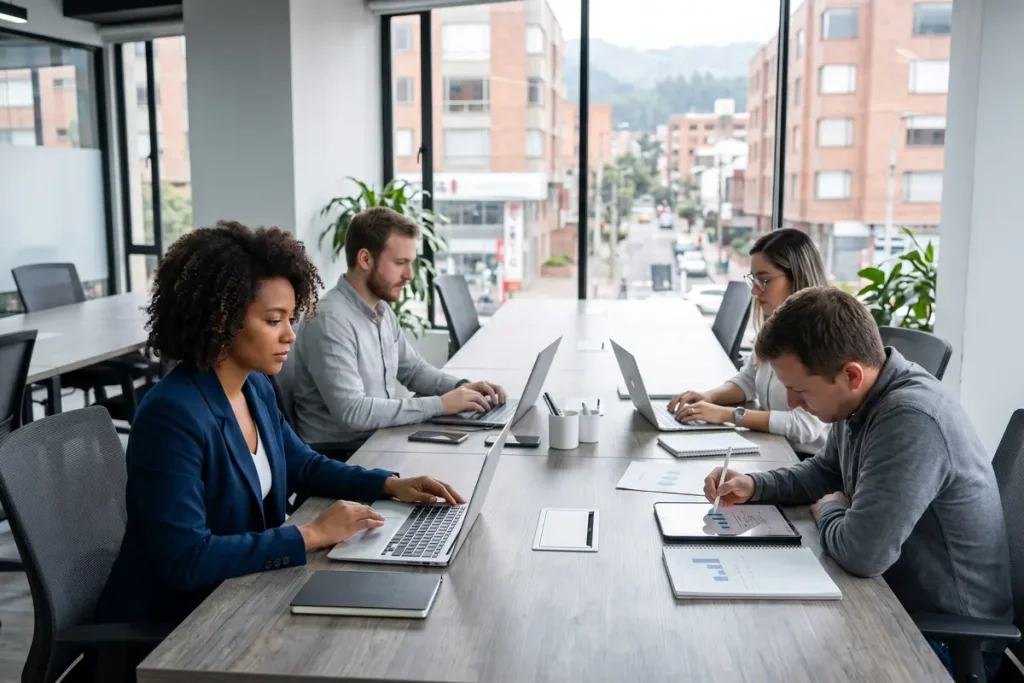 Profesionales trabajando con computadores portátiles en una mesa de reuniones corporativa.
