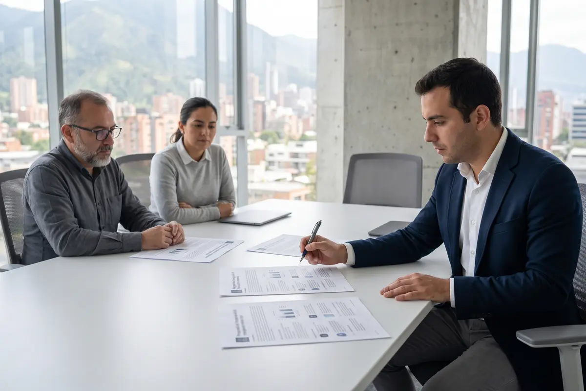 Ejecutivos reunidos en una mesa evaluando propuestas y contratos para elegir un proveedor de renting tecnológico.