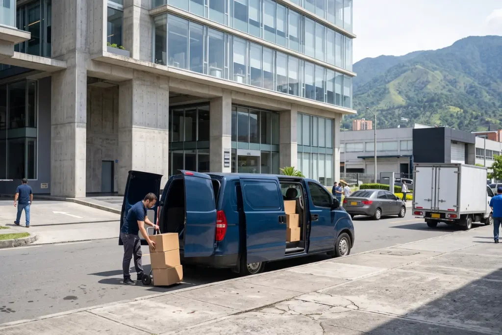 Operario descargando cajas con equipos informáticos en alquiler para empresas en Sabaneta, Envigado e Itagüí.