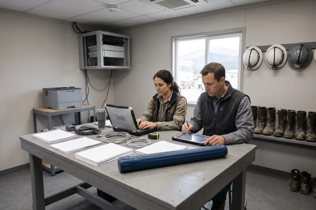Ingenieros trabajando con laptops y tablets portátiles en una oficina de campo con soporte de renting tecnológico.