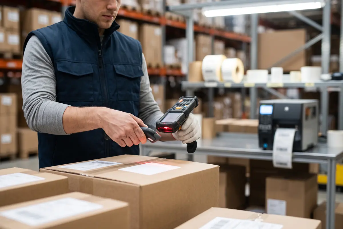 Operario escaneando cajas en almacén con handheld en renting para trazabilidad logística.