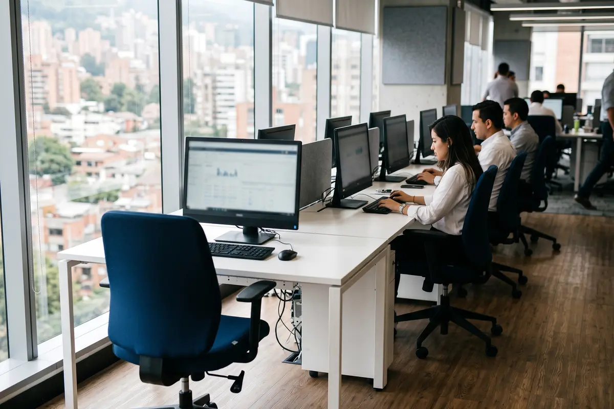 Empleados trabajando en una oficina moderna con computadores en renting por mes.