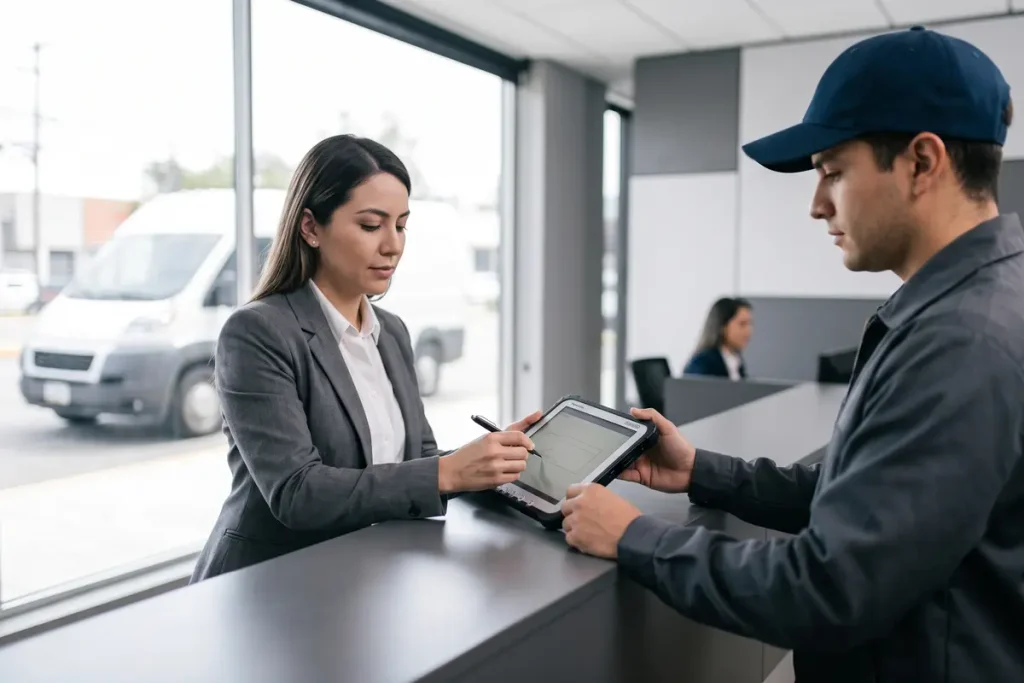 Repartidor de last mile confirmando entrega con tablet para trazabilidad en tiempo real.