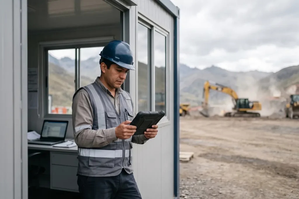 Técnico usando tablet en un campamento de minería y petróleo en Colombia como parte del servicio de renting tecnológico.