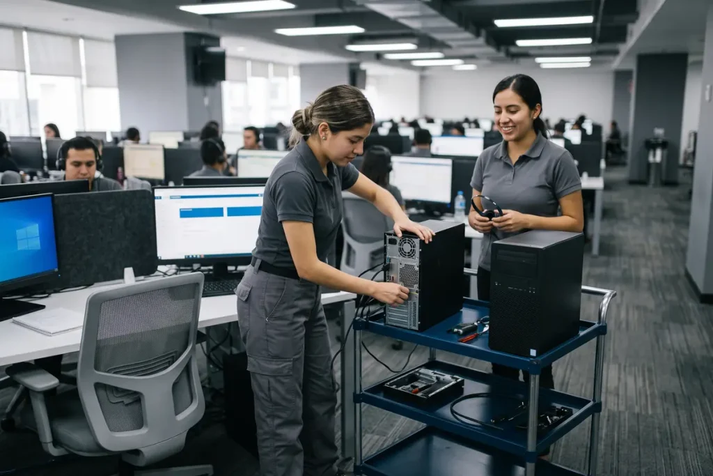 Técnicas configurando la conexión de computadores de escritorio alquilados en una sala de operaciones de BPO.
